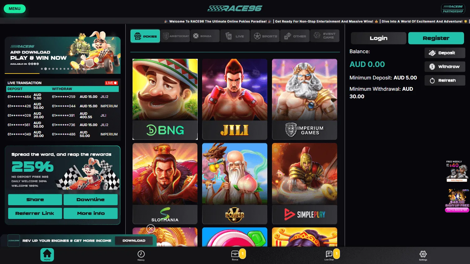 Race96 Casino games lobby on a desktop screen