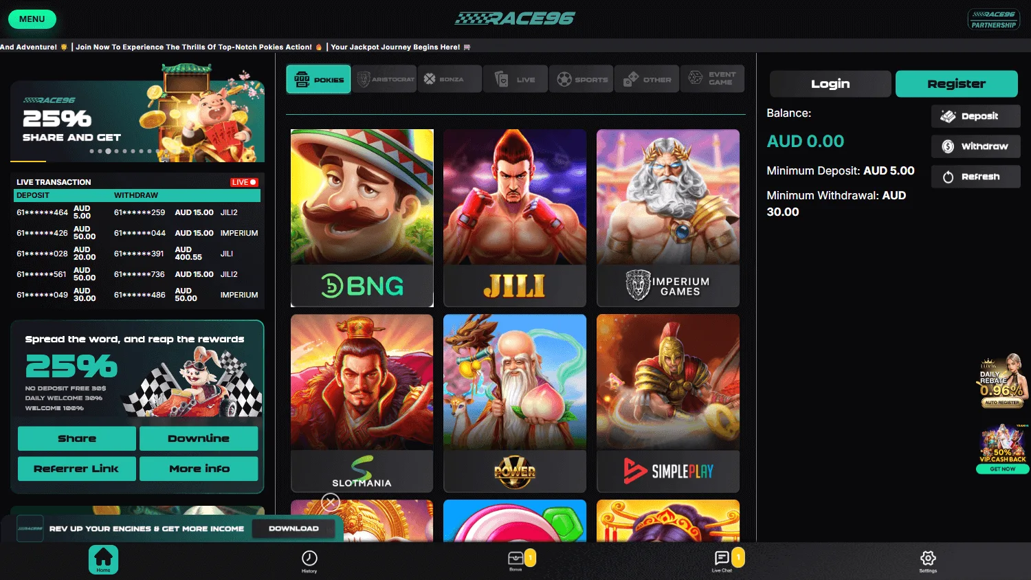 Race96 Casino home page on a desktop screen